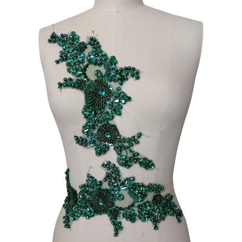 Strass Spitze Applique Patches - Handgenähte Glasperlen Blumenmotiv für DIY Hochzeitskleid, Brautkleid, Abschlussball, Abendgarderobe Schulter und Taille Dekorationen (Dunkelgrün) von succi shan