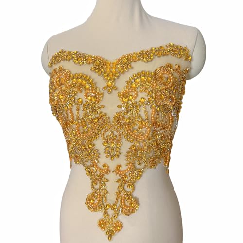 Succi Shan Handgefertigte Perlen-Patches mit Glas-Strass-Kristallen zum Aufnähen auf Mieder, Spitze, Abendkleid, Hochzeitskleider, DIY-Kleidung (Gold) von succi shan