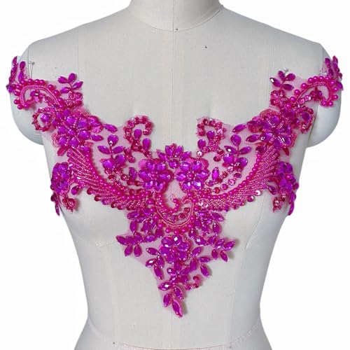 Succi Shan Spitzenblumen-Perlen-Patches, zum Aufnähen auf Strasssteine, Applikationen für Kleid, Kleidung, Ausschnitt (Rosarot) von succi shan