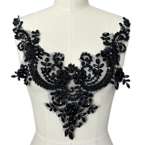 Succi Shan Spitzenblumen-Perlen-Patches, zum Aufnähen auf Strasssteine, Applikationen für Kleid, Kleidung, Ausschnitt (schwarz) von succi shan