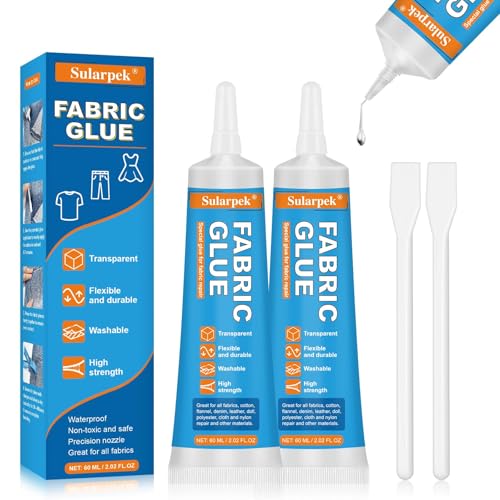 Sularpek 2 * 60 ML Textilkleber, Transparenter Stoffkleber, Waschmaschinenfest Permanenter Kleber für Stoffe, Textilkleber Extra Stark für Alle Stoffe, Baumwolle, Denim, Flanell, Polyester von sularpek