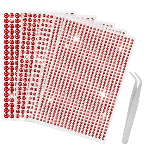 Sularpek 2542 Stück Glitzersteine Selbstklebend, 5 Blatt Strasssteine Selbstklebend, Strasssteine Rot, Runde Glitzersteine für Gesichts, Nägel Deko Und Urlaubszubehör, mit 1 Pinzette (3/4/5/6mm) von sularpek
