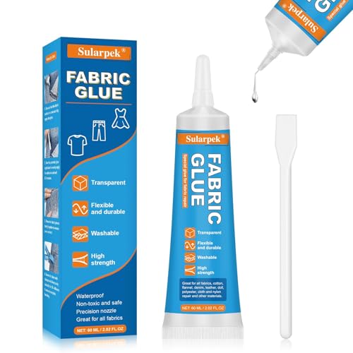 Sularpek 60 ML Textilkleber, Transparenter Stoffkleber, Waschmaschinenfest Permanenter Kleber für Stoffe, Textilkleber Extra Stark für Alle Stoffe, Baumwolle, Denim, Flanell, Polyester von sularpek