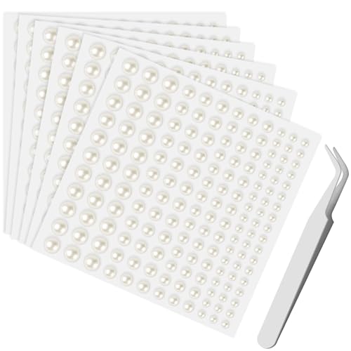 Sularpek 990 Stück Selbstklebende Halbperlen, 6 Blatt Perlen zum Aufkleben, Selbstklebende Perlen Sticker, Perlen-Aufkleber, für Gesicht, Make-up, DIY, Basteln, Haare, mit 1 Pinzette (3/4/5/6mm) von sularpek