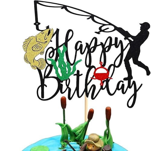 Happy Birthday" Kuchendekoration mit Angler-Motiv – Schwarzer Kuchen-Topper mit Fischdesign für Angler, Naturliebhaber & Angel-Partys – Torten-Deko Happy Birthday" Kuchendekoration mit Angler-Motiv – Schwarzer Kuchen-Topper mit Fischdesign für Angler, Naturliebhaber & Angel-Partys – Torten-Deko von sundrerfect