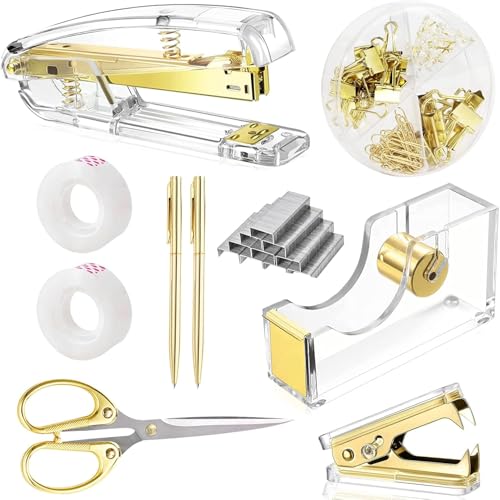 Bürobedarf, Schreibtischzubehör, mit Hefter, Klebebandspender, Heftklammerentferner, Schere, Kugelschreiber, transparentes Klebeband, Heftklammern, Ordner, bestes Geschenk-Set (Gold) von suniya