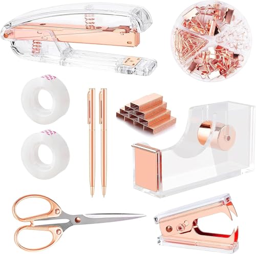 Bürobedarf, Schreibtischzubehör, mit Hefter, Klebebandspender, Heftklammerentferner, Schere, Kugelschreiber, transparentes Klebeband, Heftklammern, Ordner, bestes Geschenk-Set (Roségold) von suniya