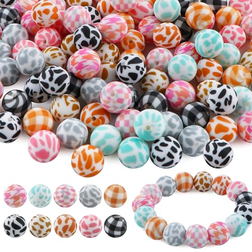 Sunrony 100 Stück Druck-Silikonperlen, 15 mm, Gittertiere, Kuh, mit Fokusmuster, Silikonperlen für Schlüsselanhängerherstellung und Halsketten, Armbänder, Stifte, DIY-Dekoration von sunrony