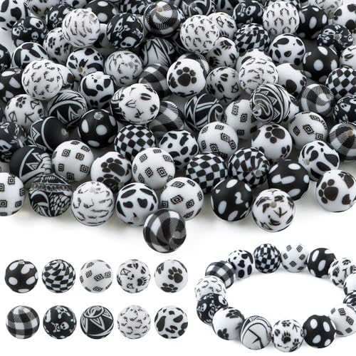 Sunrony 100 Stück Druck-Silikonperlen, 15 mm, Schwarz-Weiß, Gitterpfote, Tiere, Fokusmuster, Silikonperlen für Schlüsselanhängerherstellung und Halsketten, Armbänder, Stifte, DIY-Dekoration von sunrony