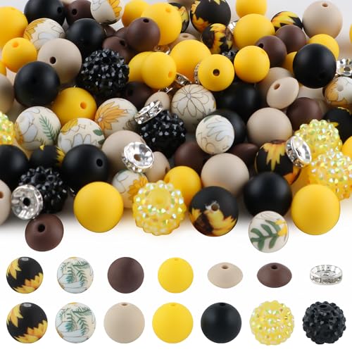 Sunrony 118 Stück gemischte gelbe schwarze Schokoladen-Acryl-Strass-Abstandshalter-Druck-Silikonperlen für Schlüsselanhängerherstellung und Halsketten-Armband, Großpackung 12 mm, 15 mm, Silikonperlen Sunrony 118 Stück gemischte gelbe schwarze Schokoladen-Acryl-Strass-Abstandshalter-Druck-Silikonperlen für Schlüsselanhängerherstellung und Halsketten-Armband, Großpackung 12 mm, 15 mm, Silikonperlen von sunrony