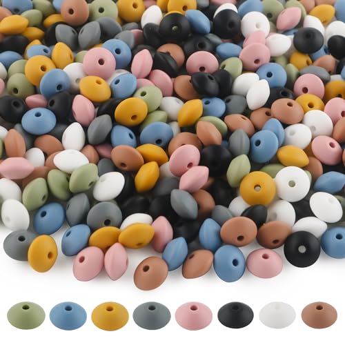 Sunrony 200 Stück Silikon-Linsenperlen, 12 mm Silikonperlen für die Herstellung von Schlüsselanhängern, Silikon-Abakus-Perlen für Halsketten, Armbänder und Weltraum-Silikonperlen für Stifte (tiefe von sunrony