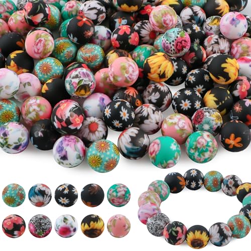 Sunrony 50 x 15 mm Silikonperlen mit Blumen- und Gänseblümchen-Druck, Fokusmuster, Silikonperlen für Schlüsselanhängerherstellung und Halsketten, Armbänder, Stifte, DIY-Dekoration von sunrony