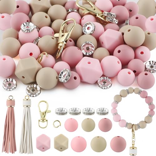 Sunrony 60 Stück gemischte Quasten in Rouge, Haferrosa, Schlüsselanhänger, Strass, Abstandhalter, runde sechseckige Silikonperlen für Schlüsselanhängerherstellung und Halsketten, Armbänder, 12 mm, 14 von sunrony
