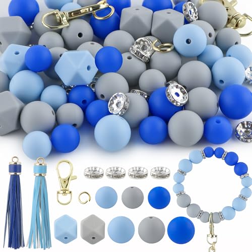 Sunrony 60 Stück gemischte blau-graue Pastell-Quasten, Schlüsselanhänger, Strass, Abstandhalter, runde sechseckige Silikonperlen für Schlüsselanhängerherstellung und Halsketten, Armbänder, 12 mm, 14 von sunrony