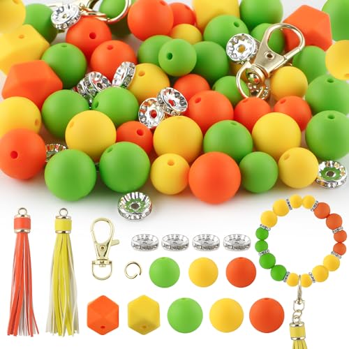 Sunrony 60 Stück gemischte gelb-orange-grüne Quasten, Schlüsselanhänger, Strass, Abstandhalter, runde sechseckige Silikonperlen für Schlüsselanhängerherstellung und Halsketten, Armbänder, 12 mm, 14 mm Sunrony 60 Stück gemischte gelb-orange-grüne Quasten, Schlüsselanhänger, Strass, Abstandhalter, runde sechseckige Silikonperlen für Schlüsselanhängerherstellung und Halsketten, Armbänder, 12 mm, 14 mm von sunrony