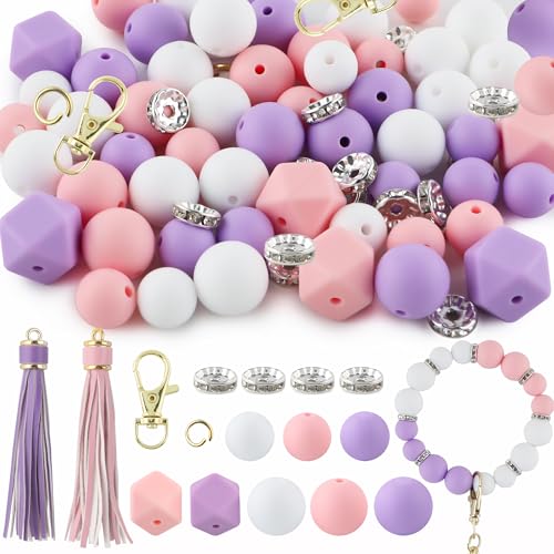 Sunrony 60 Stück gemischte rosa lila weiße Quasten, Schlüsselanhänger, Strass, Abstandhalter, runde sechseckige Silikonperlen für Schlüsselanhängerherstellung und Halsketten, Armbänder, 12 mm, 14 mm von sunrony
