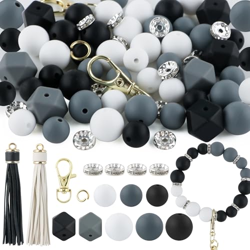 Sunrony 60 Stück gemischte schwarz-weiß-graue Quasten, Schlüsselanhänger, Strass, Abstandhalter, runde sechseckige Silikonperlen für Schlüsselanhängerherstellung und Halsketten, Armbänder, 12 mm, 14 Sunrony 60 Stück gemischte schwarz-weiß-graue Quasten, Schlüsselanhänger, Strass, Abstandhalter, runde sechseckige Silikonperlen für Schlüsselanhängerherstellung und Halsketten, Armbänder, 12 mm, 14 von sunrony