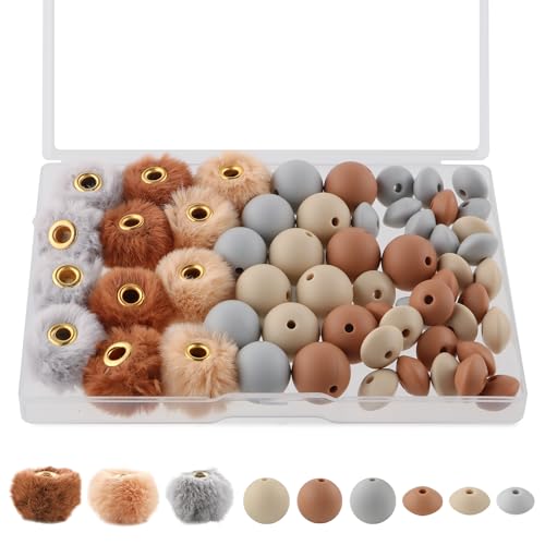 Sunrony Navajo-Silikonperlen für Schlüsselanhänger, 12 mm, zum Basteln, flauschige Kunstfell-Pompons für Stifte, 57 Stück, Kamelgrau, 15 mm von sunrony
