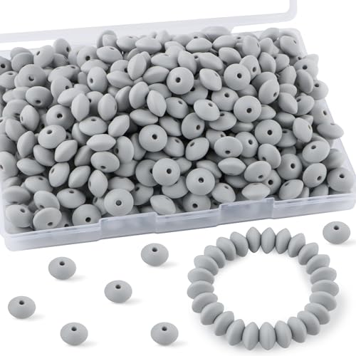 Sunrony Silikon-Linsenperlen für Schlüsselanhängerherstellung, 12 mm, Silikon-Abakus-Abstandshalter für Halsketten, Armbänder, Stifte, Hellgrau, 200 Stück von sunrony