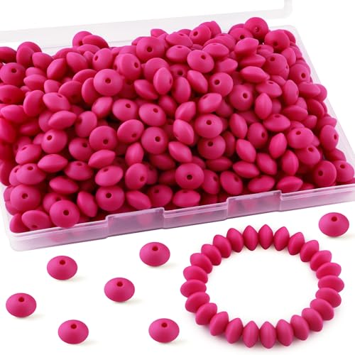 Sunrony Silikon-Linsenperlen für Schlüsselanhängerherstellung, 12 mm, Silikon-Abakus-Abstandshalter für Halsketten, Armbänder, Stifte (Magenta), 200 Stück von sunrony