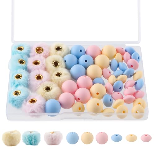 Sunrony Silikonperlen für Schlüsselanhänger, 12 mm, Silikonperlen zum Basteln, flauschige Kunstfell-Bommeln für Stifte, 57 Stück, Rosa, Beige, Blau, 15 mm Sunrony Silikonperlen für Schlüsselanhänger, 12 mm, Silikonperlen zum Basteln, flauschige Kunstfell-Bommeln für Stifte, 57 Stück, Rosa, Beige, Blau, 15 mm von sunrony