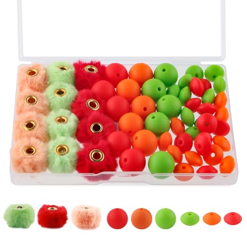 Sunrony Silikonperlen für Schlüsselanhänger, 12 mm, zum Basteln, flauschige Kunstfell-Pompons für Stifte, 57 Stück, Rot, Orange und Grün, 15 mm von sunrony