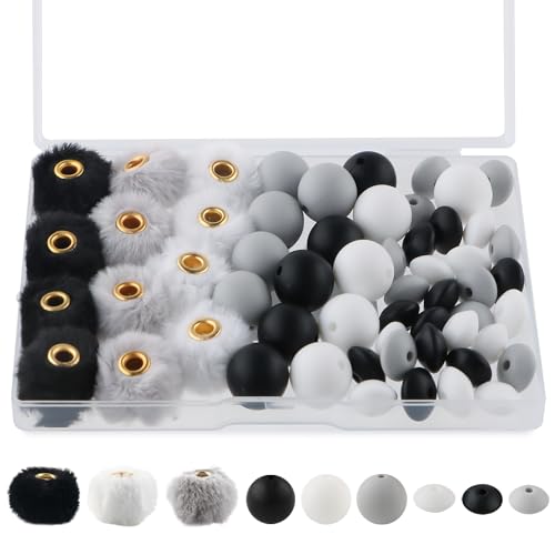 Sunrony Silikonperlen für Schlüsselanhänger, 12 mm, zum Basteln, flauschige Kunstfell-Pompons für Stifte, 57 Stück, Weiß, Schwarz und Grau, 15 mm von sunrony