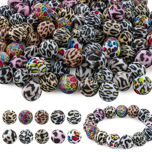 Sunrony Silikonperlen mit Leopardenmuster, 15 mm, für Schlüsselanhänger, Halsketten, Armbänder, Stifte, DIY-Dekoration, 50 Stück von sunrony