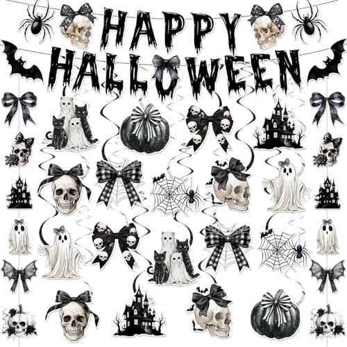 Halloween-Party-Dekorationen, Happy Halloween-Banner und hängende Wirbel für drinnen und draußen, Wanddekoration, schwarzer Totenkopf, Schleife, Geist, Spinne, Party-Dekorationen für gruselige Halloween-Party-Dekorationen, Happy Halloween-Banner und hängende Wirbel für drinnen und draußen, Wanddekoration, schwarzer Totenkopf, Schleife, Geist, Spinne, Party-Dekorationen für gruselige von suonengongyi