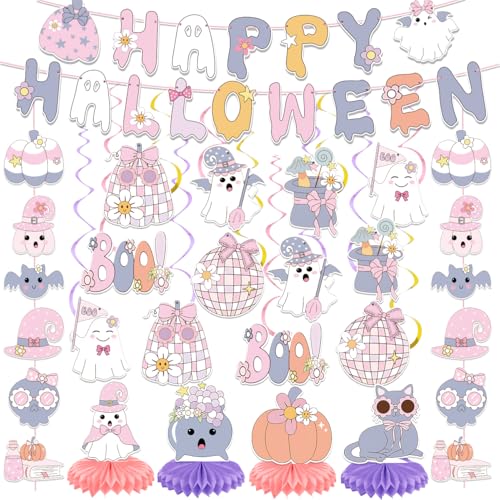 Pinke Halloween-Party-Dekorationen enthalten Happy Halloween Banner hängende Wirbel Pastell und Waben-Mittelstücke für Baby-Geburtstagsparty-Dekoration, niedlicher Boo Day Supply für Innen- und Pinke Halloween-Party-Dekorationen enthalten Happy Halloween Banner hängende Wirbel Pastell und Waben-Mittelstücke für Baby-Geburtstagsparty-Dekoration, niedlicher Boo Day Supply für Innen- und von suonengongyi