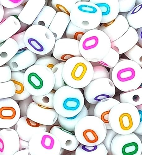 100 Stück 7 mm weiße flache runde gemischte und einzelne Zahlen 0–9 Acrylperlen mit bunten Ziffern, Bastelbedarf (Nummer 0) von taffbeads