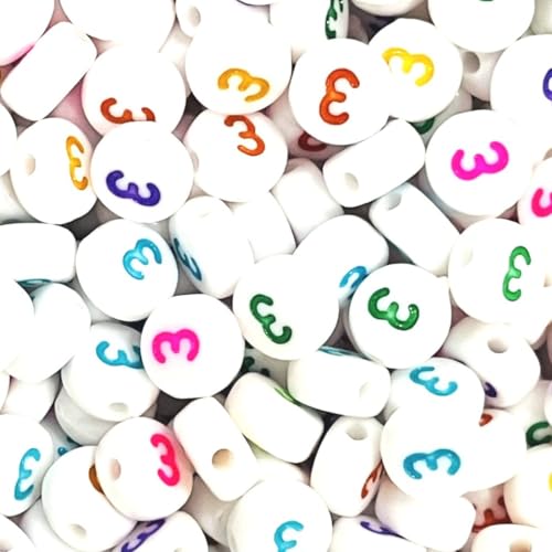 100 Stück 7 mm weiße flache runde gemischte und einzelne Zahlen 0–9 Acrylperlen mit bunten Ziffern, Bastelbedarf (Nummer 3) von taffbeads