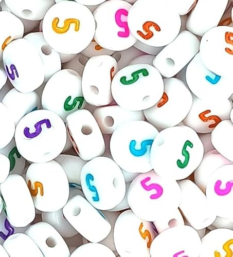 100 Stück 7 mm weiße flache runde gemischte und einzelne Zahlen 0–9 Acrylperlen mit bunten Ziffern, Bastelbedarf (Nummer 5) von taffbeads