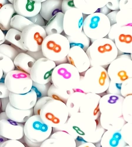 100 Stück 7 mm weiße flache runde gemischte und einzelne Zahlen 0–9 Acrylperlen mit bunten Ziffern, Bastelbedarf (Nummer 8) von taffbeads