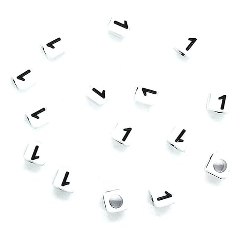 50 Stück 6 mm Würfel weiß mit schwarzen einzelnen Zahlen, schwarzen Herzen, # Acrylperlen DIY Schmuckherstellung Perlenhandwerk (Nummer 1) von taffbeads