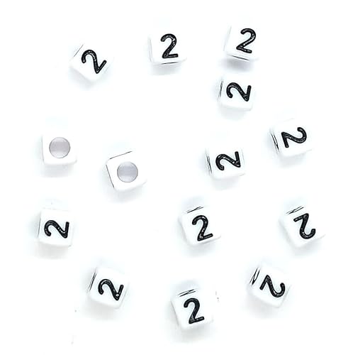 50 Stück 6 mm Würfel weiß mit schwarzen einzelnen Zahlen, schwarzen Herzen, # Acrylperlen DIY Schmuckherstellung Perlenhandwerk (Nummer 2) von taffbeads