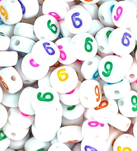 Acrylperlen mit bunten Ziffern, 7 mm, weiß, flach, rund, gemischte und einzelne Zahlen 0–9, 100 Stück von taffbeads