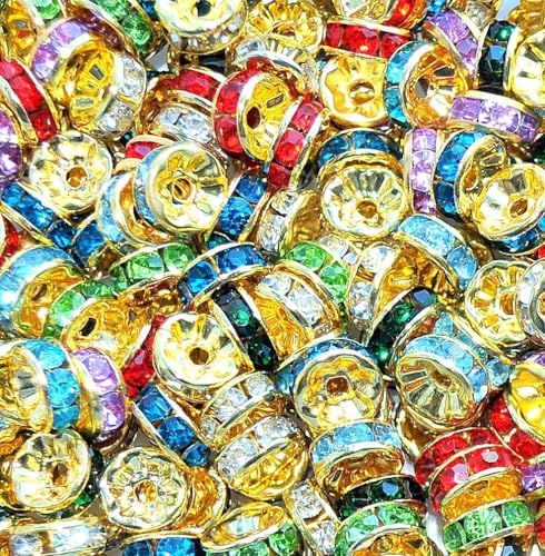 taffbeads 8 mm 100 Stück Strass-Rondelle Kristallglas Abstandshalter Perlen für Armband Halskette Schmuckherstellung (Gold gemischte Farben) von taffbeads