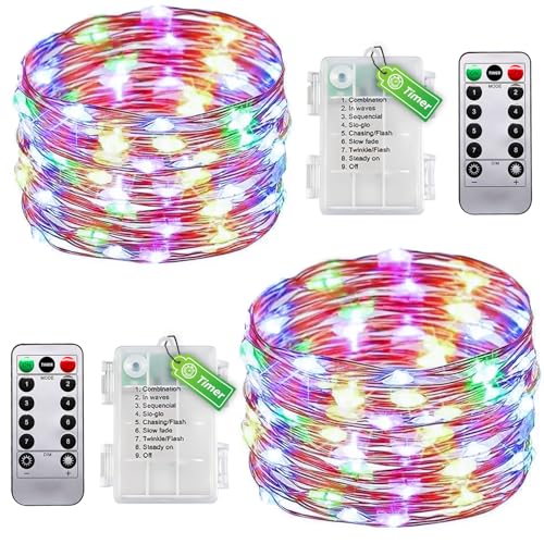 taiyongkang 2er Pack Draht Lichterkette Innen Batterie mit Timer & Fernbedienung - 10m 100LED Bunt - Kleine Lichterkette für Schlafzimmer, Weihnachten, Hochzeit - Auch Outdoor Nutzbar von taiyongkang