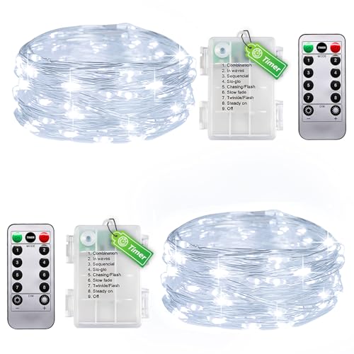 taiyongkang 2er Pack Draht Lichterkette Innen Batterie mit Timer & Fernbedienung - 6m 50LED Weiß - Kleine Lichterkette für Schlafzimmer, Weihnachten, Hochzeit - Auch Outdoor Nutzbar von taiyongkang