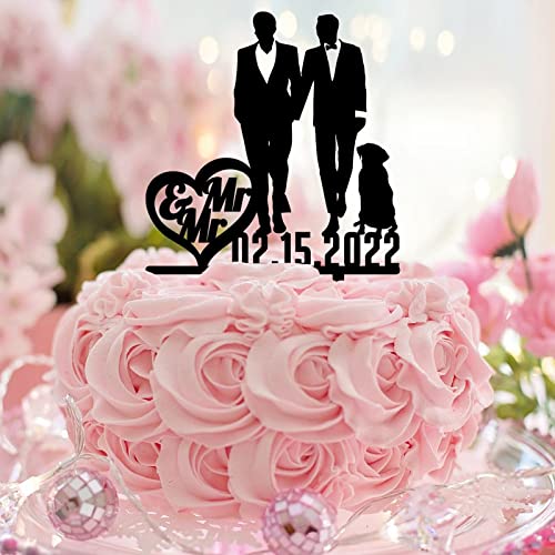 Mr And Mr Wedding Cake Topper Acryl Schwarz mit Hund Katze Land Männliches Paar Hochzeitstorte Topper Silhouette Zwei Trauzeugen Hochzeitsdekorationen Anpassen Familienname Est Date Männer Geschenke von taiyuanhangzhen