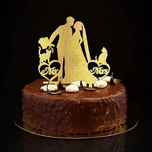 Mr & Mrs Kuchendekoration mit Familienname Est Date Silhouette mit Hund Katze elegante Braut und Bräutigam Kuchendekoration für Hochzeit Verlobung Party Zubehör Hochzeit Geschenke für Paar Glitzer von taiyuanhangzhen