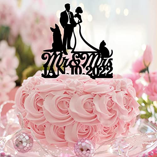 Mr. & Frau Silhouette Kuchen Dekoration mit Hund Katze Hochzeit Herren & Frau Kuchen Topper Silhouette rustikale benutzerdefinierte Paar Namen Hochzeit geschätzt Datum der Verlobung Braut Party Dekor von taiyuanhangzhen