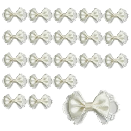 20 Stück Bastelschleifen mit weißer Spitze, 4,8 x 3,1 cm, beigefarbenes Stoff-Satinband, Schleifen, Boutique für Handwerk, DIY, Leckereien, Taschen, Haarschleifen, Nähen, Hochzeit, Party von takemay