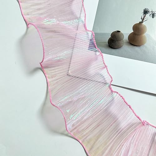 9,1 m Rüschen-Chiffon-Tüllband, schillerndes Organza-Spitzenstoffbesatz, 10,9 cm breites Chiffonband zum Nähen von Kleid, Ärmeln, Kostümdekoration, Trimmen Handwerk (schillerndes Rosa) von takemay