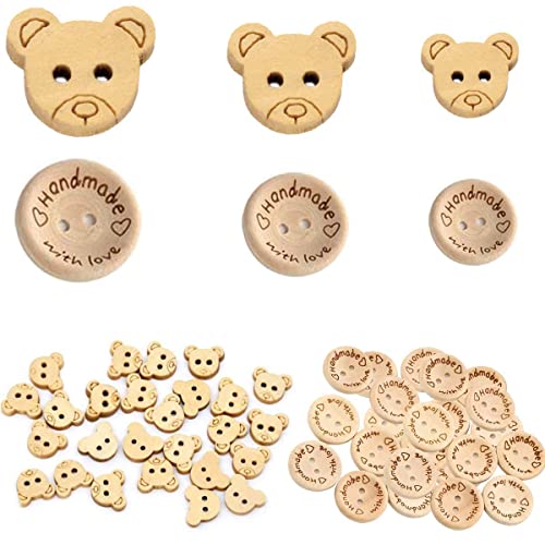 tangger 300 PCS Runde Holzknöpfe Knöpfe Holzknöpfe Motiv Teddy Teddybär Holzknöpfe Handmade Buttons Wooden Buttons Craft Buttons Natur Holzknöpfe Vintage Knöpfe zum Nähen und Basteln(6 Größen) von tangger