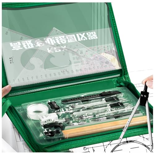 Geometrieset, 27 StüCk Zirkel Set Praktisches Mathematik Set Inklusive Zirkel Radiergummi Lineal Werkzeugtasche GrüN Praktisches MäPpchen FüR Schule Uni BüRo Und Zeichnungen Geometrie Set von taobosec