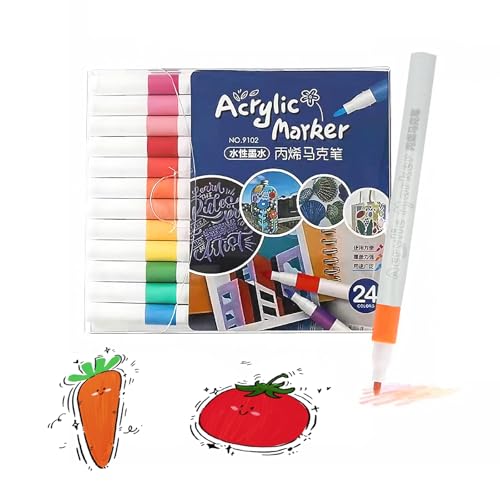 taobosec Acrylstifte für Steine Wasserfest 24 Farben 2mm Permanent Marker Steine Bemalen Acrylstifte Wasserfest Acrylic Paint Marker für Holz/Ei/DIY Fotoalbum/Keramik/Leinwand/Glas von taobosec