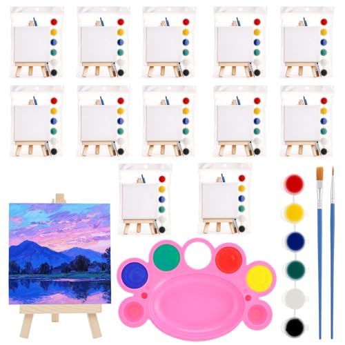 taonganui 12 Stück Mini Staffelei Holz Set, 10x10cm Kleine Leinwände, mit einstellbare Mini Staffelei, Farbenset, Pinseln und rosa Palette für Kinderkünstler, Tischkunst und Festlichkeiten von taonganui