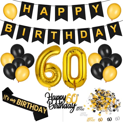 taonganui 60 Geburtstag Deko Mann Frauen, 60 Geburtstag Schwarz Gold Luftballons Deko, Konfetti 60. geburtstag deko mit Happy Birthday Banner und Schultergurte für 60 Geburtstag Deko von taonganui